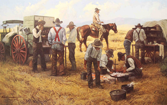 Robert Summers print titled Range Fare depicting cowboys gathered around a campfire sharing a meal on the open range.