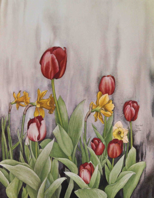 Carmel Foret floral print Red Tulips and Daffodils – signed Carmel Foret art print featuring vibrant red tulips and golden daffodils.