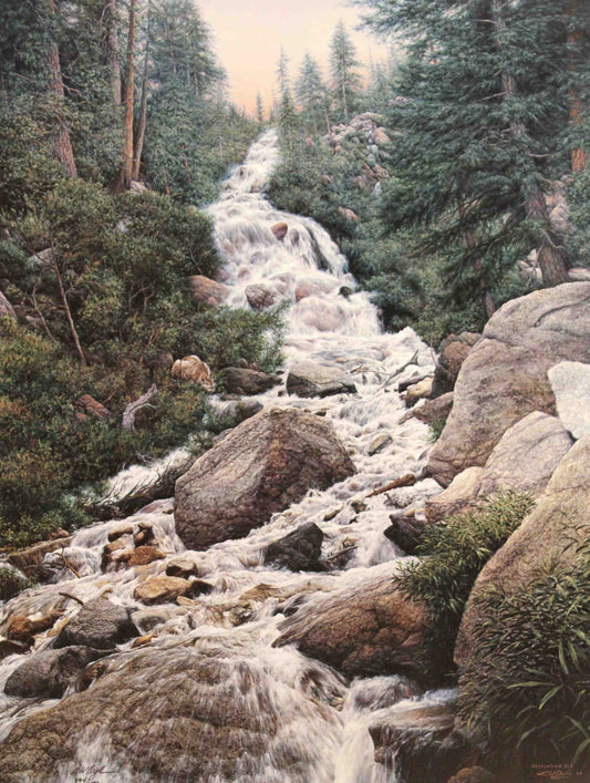 Larry Dyke print "Revelation 21:6" featuring a mountain stream flowing through a vibrant, sunlit valley, symbolizing the water of life and God’s eternal promise.