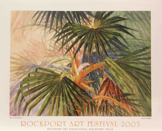 Anita Diebel painting “Palm Patterns” with colorful palm tree design for the 2003 Rockport Art Festival poster