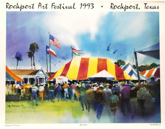 H. Phenix watercolor painting of the Rockport Art Festival with colorful tents and coastal scenery