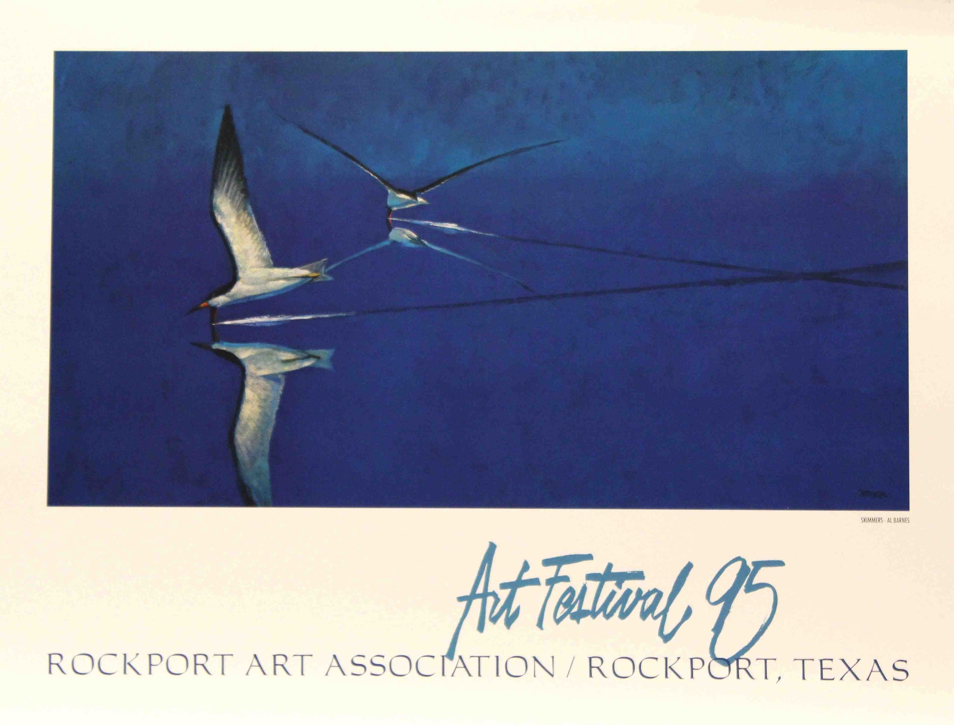 Al Barnes painting “Skimmers” with a flock of skimmers over water for the 1995 Rockport Art Festival poster