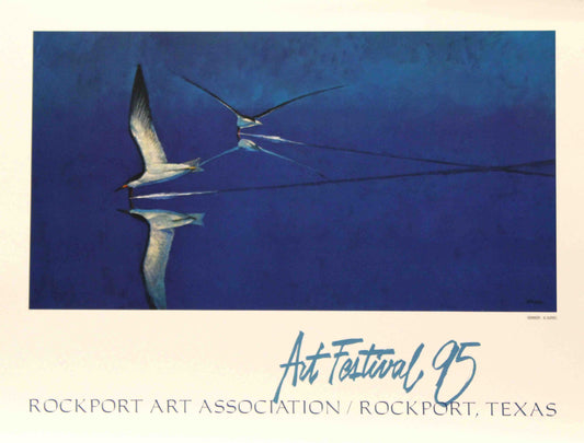 Al Barnes painting “Skimmers” with a flock of skimmers over water for the 1995 Rockport Art Festival poster