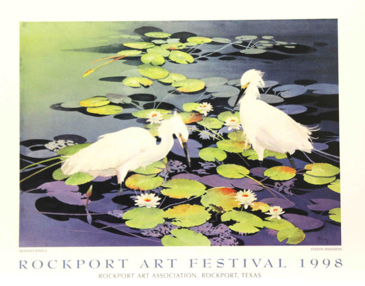 Evelyn Atkinson painting “Aransas Jewels” with egrets for the 1998 Rockport Art Festival poster