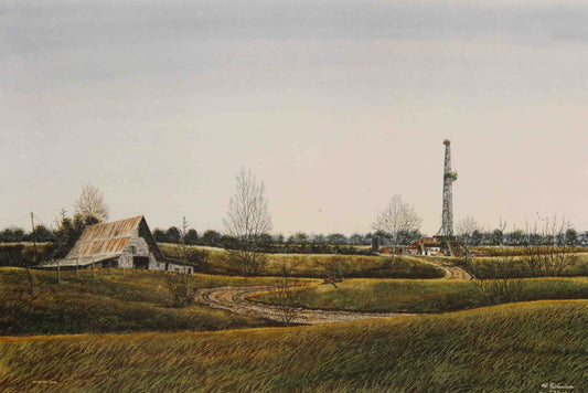 Al Richardson print “Rolling Hill Country” showing an old wooden barn in the foreground with an oil derrick in the background amid the Texas Hill Country landscape.