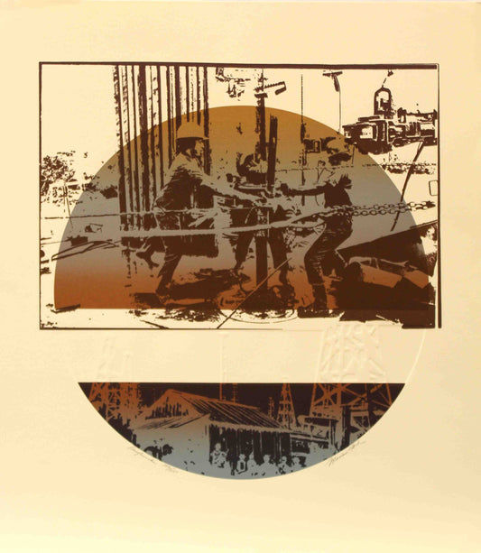 Marion Ford print Roughnecks showing oilfield workers on a drilling rig floor operating heavy equipment.