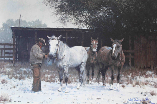 Cowboy saddling a blue roan horse in Melvin Warren’s Western-themed art print Saddlin’ the Blue Roan.