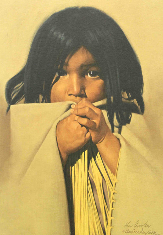 Donald Crowley print titled Security Blanket featuring a young Native American child wrapped in a traditional blanket.