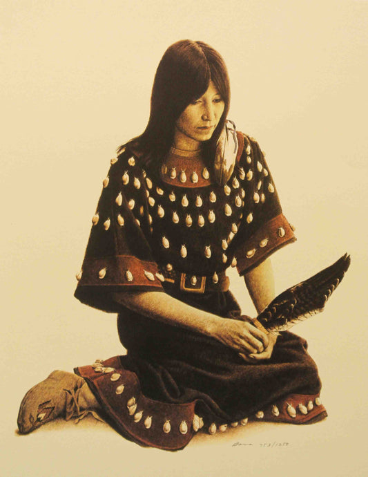 James Bama print titled Sioux Indian with Eagle Feather featuring a Sioux woman holding an eagle feather with reverence.