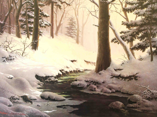 Dalhart Windberg print titled "Slumbrous Interlude" depicting a tranquil snowy woodland scene in soft midday light, evoking rest and quiet reflection.