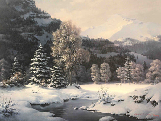 Dalhart Windberg print "Snow Crowned Silence" showing a snow-covered cabin and trees in a peaceful winter landscape, evoking calm and solitude.