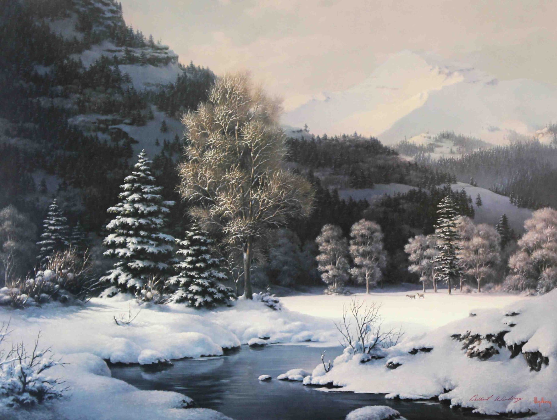 In Snow Crowned Silence, Dalhart Windberg masterfully portrays the quiet majesty of a snow-covered countryside. The scene is hushed and still, with frosted trees and rooftops resting beneath a soft winter blanket. Windberg’s delicate brushwork and subtle light create a serene atmosphere that invites reflection and tranquility. This print beautifully captures the peaceful isolation and natural grace of winter, making it a timeless addition to any fine art collection.