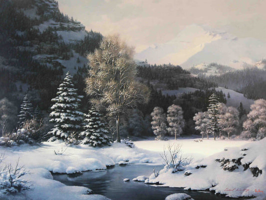 In Snow Crowned Silence, Dalhart Windberg masterfully portrays the quiet majesty of a snow-covered countryside. The scene is hushed and still, with frosted trees and rooftops resting beneath a soft winter blanket. Windberg’s delicate brushwork and subtle light create a serene atmosphere that invites reflection and tranquility. This print beautifully captures the peaceful isolation and natural grace of winter, making it a timeless addition to any fine art collection.