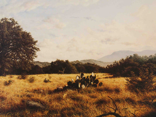 Larry Dyke print "Song of Solomon" depicting deer grazing in a sunlit meadow filled with wildflowers, inspired by themes of love and harmony from the biblical text.
