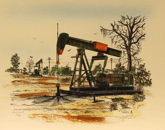 Al Richardson print titled "Sour Lake Production" featuring a working pumpjack in the oilfields of Sour Lake, Texas, symbolizing the region’s historical importance in early oil production.