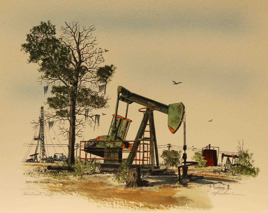 Al Richardson print titled "Sour Lake Pumper" showing a single pumpjack operating in the historic oil fields of Sour Lake, Texas, reflecting the legacy of the Texas oil industry.