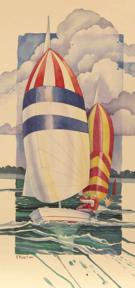 Paul Brent art print "Spinnaker Run" featuring colorful sailboats with full spinnakers gliding across the ocean under a bright sky.