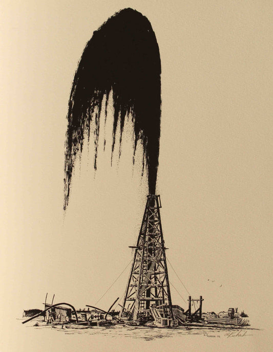 Al Richardson print titled "Spindletop" depicting the famous 1901 oil gusher with a towering plume of crude erupting from the well, capturing the birth of the Texas oil boom.