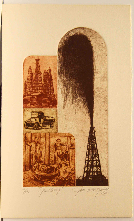 Fine art print "Spindletop" by Jeb Breithaupt depicting the historic 1901 oil gusher in Texas with a towering derrick and erupting black gold.