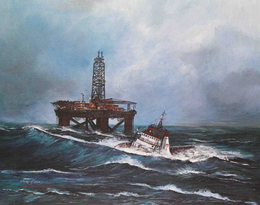 Judy Harris print Standing Off North Sea featuring a supply ship near a large offshore oil rig in open waters.
