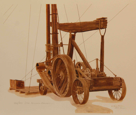 Paul Hansen print Star Drilling Machine showing a vintage oilfield drilling machine in a historic industrial setting