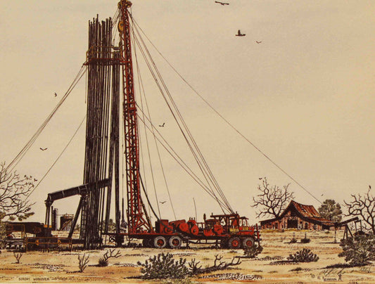 Al Richardson print titled "Sunday Workover" featuring a workover rig operating in the oilfield on a quiet Sunday, symbolizing the dedication and persistence of oilfield workers.