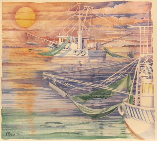 Paul Brent art print "Sunrise on Mary Lisa" featuring a shrimp boat at sunrise on calm coastal waters with a soft, colorful sky.