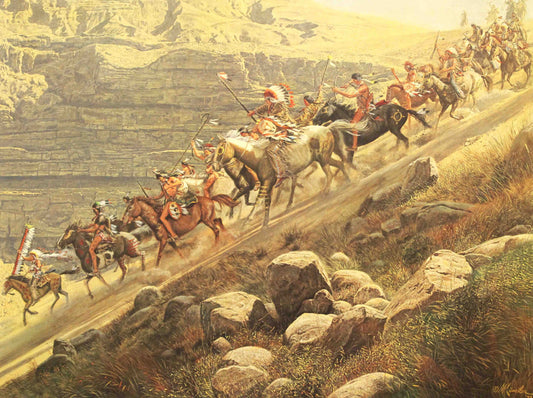 Mort Künstler print titled Surprise Attack depicting a Native American war party charging forward across rugged terrain.