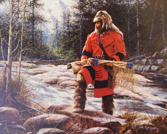 Alfredo Rodriguez western art print “Surveying the Territory” depicting a rugged mountain man overlooking the frontier, ideal for western wall art.