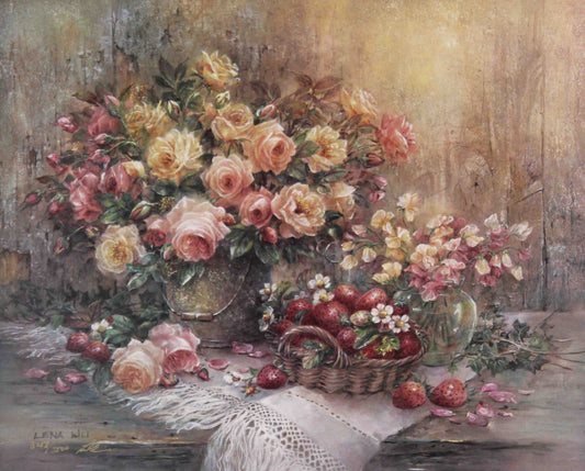 Lena Liu print Sweet Bounty – fine art still life painting by Lena Liu featuring flowers and fruit.