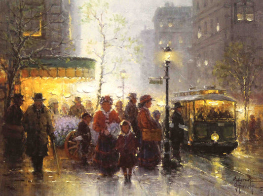 G. Harvey print Sweet Memories featuring a nostalgic city street scene with horse-drawn carriages, glowing lamplight, and elegantly dressed pedestrians.