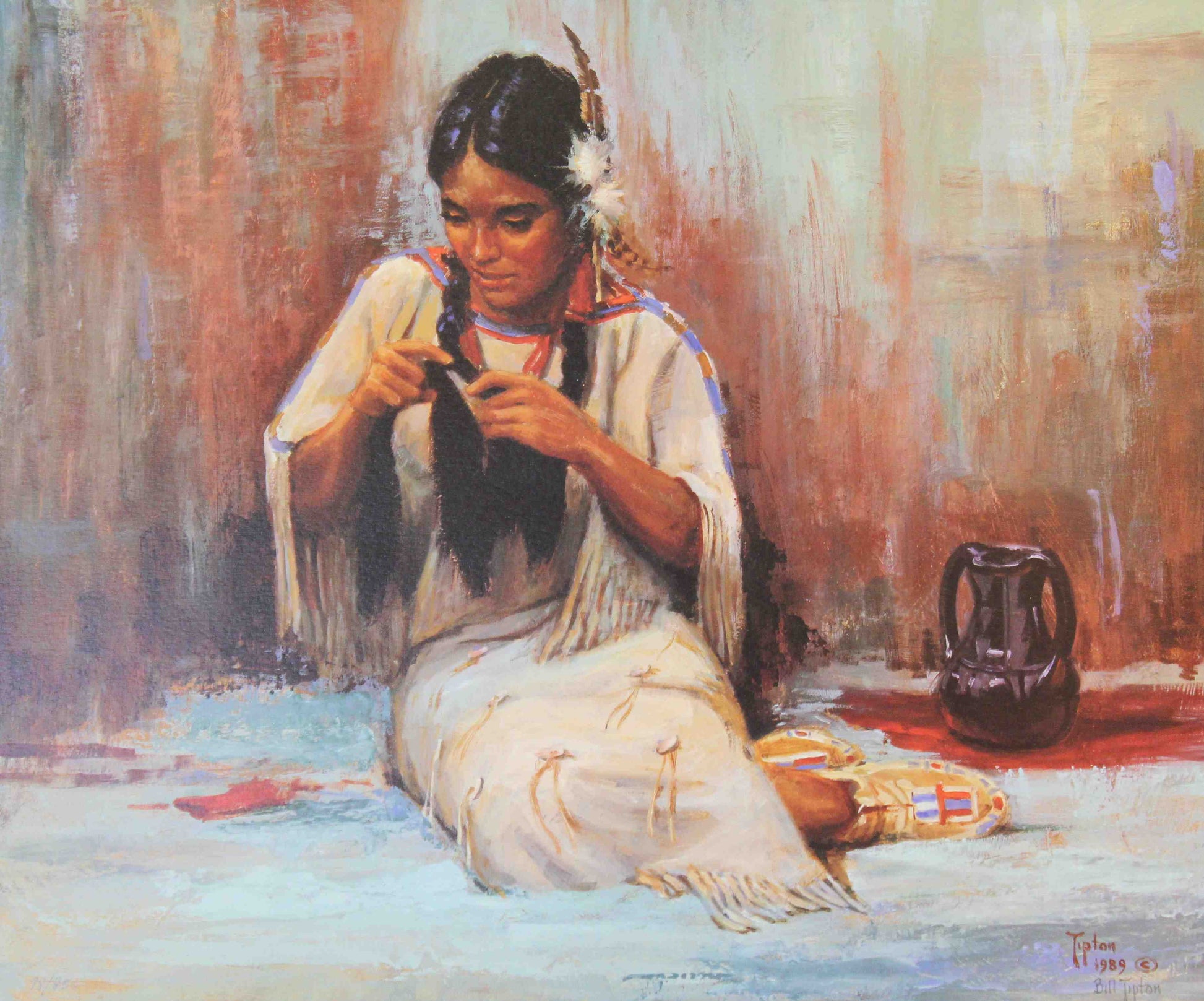“TAWICU TECA” by Bill Tipton – young Native American girl seated, grooming her long hair in traditional attire.