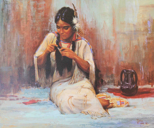 “TAWICU TECA” by Bill Tipton – young Native American girl seated, grooming her long hair in traditional attire.