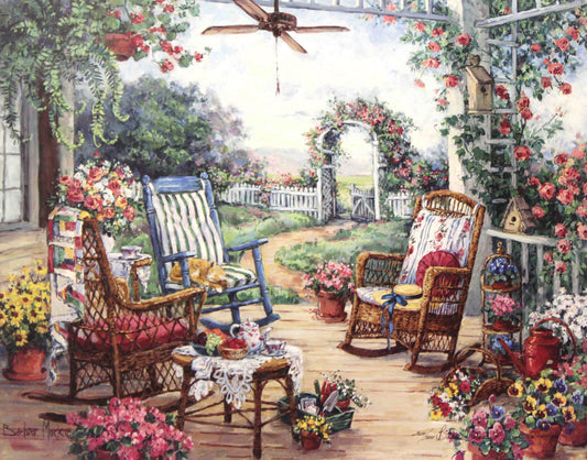 Barbara Mock art print "Tea Party" featuring a vintage tea set, pink roses, and lace linens in a romantic floral still life.
