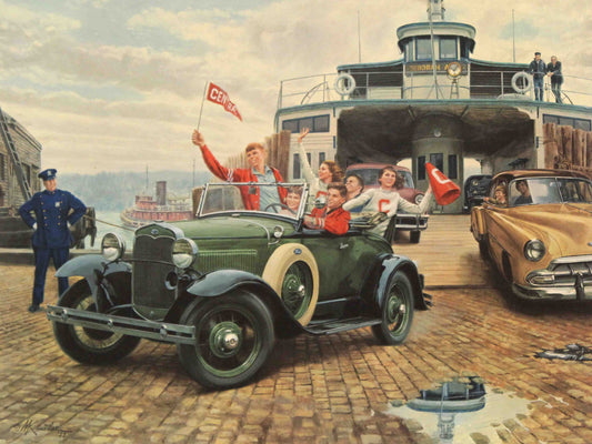 Mort Künstler print That Was the Day depicting a nostalgic college campus scene filled with students, school spirit, and vintage Americana charm.