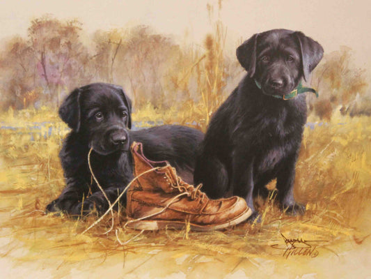 Fine art print by Jim Killen showing a black Labrador retriever puppy sitting beside hunting boots; sporting dog art titled "That's My Puppy — Black Lab."