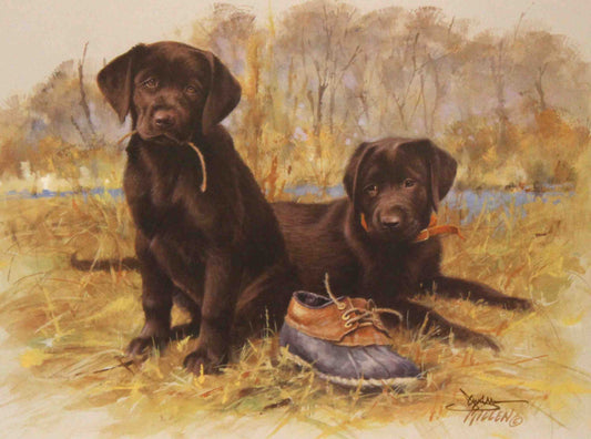 Fine art print by Jim Killen featuring a chocolate Labrador retriever puppy sitting beside hunting boots; sporting dog artwork titled "That's My Puppy — Chocolate Lab."