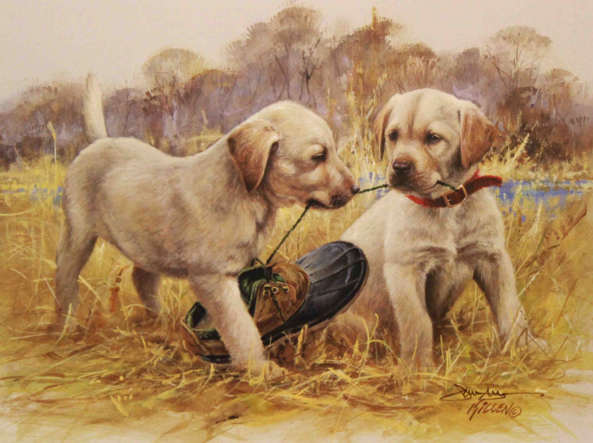 Fine art print by Jim Killen featuring a yellow Labrador retriever puppy sitting beside a hunter's boots; warm sporting dog artwork titled "That's My Puppy — Yellow Lab."