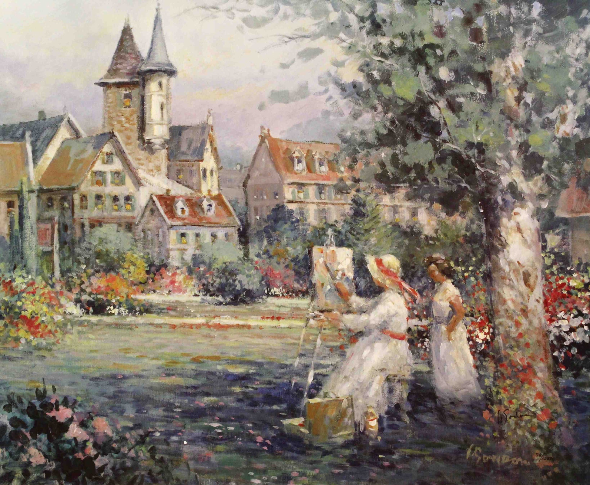 L. Gordon print The Art Lesson depicting a young student receiving guidance in painting from a teacher in garden setting.