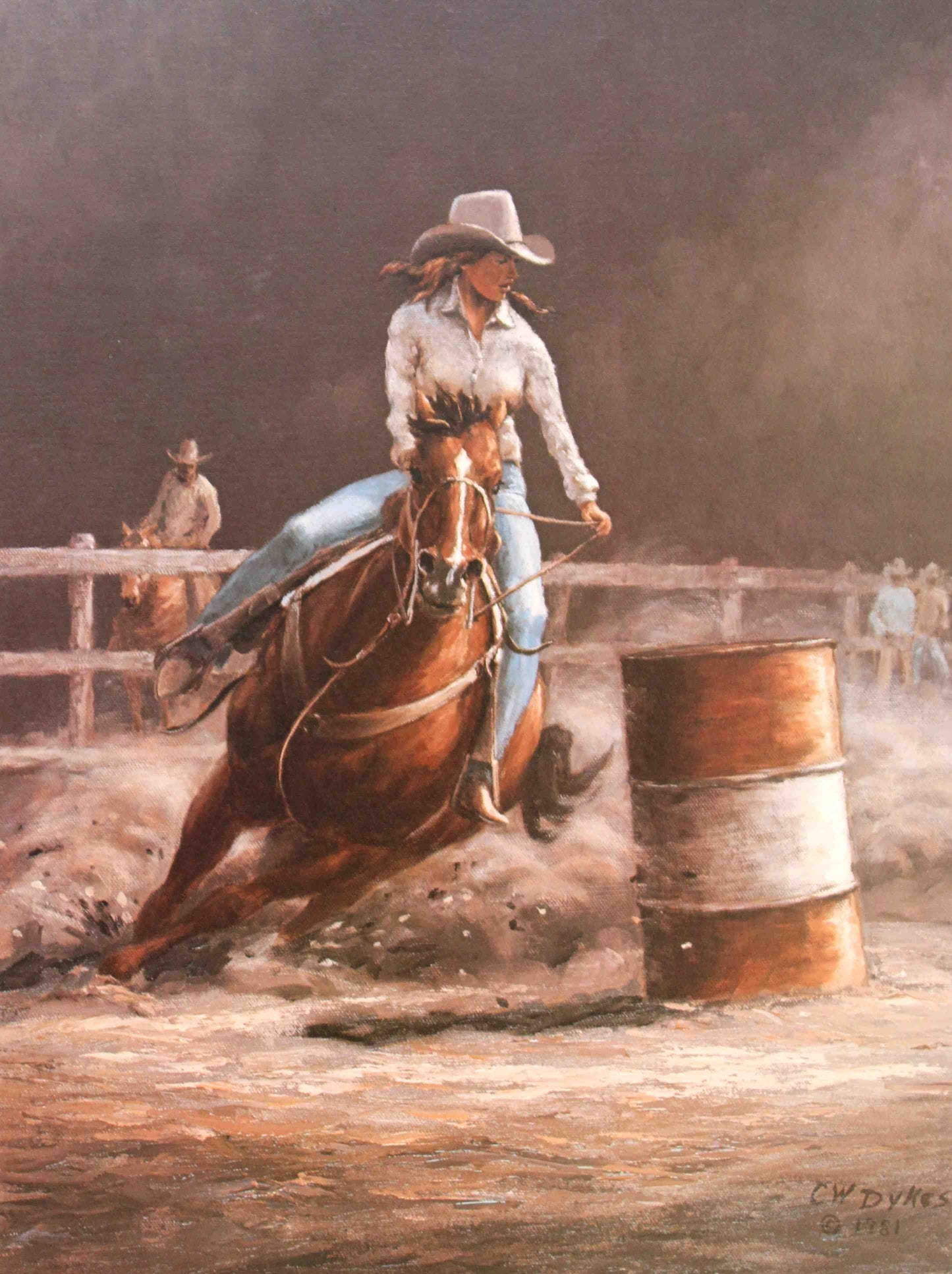 Curtis Dykes art print “The Barrel Racer” showing a cowgirl and horse in mid-turn during a high-speed barrel racing run at a rodeo.