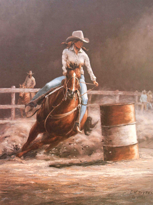 Curtis Dykes art print “The Barrel Racer” showing a cowgirl and horse in mid-turn during a high-speed barrel racing run at a rodeo.