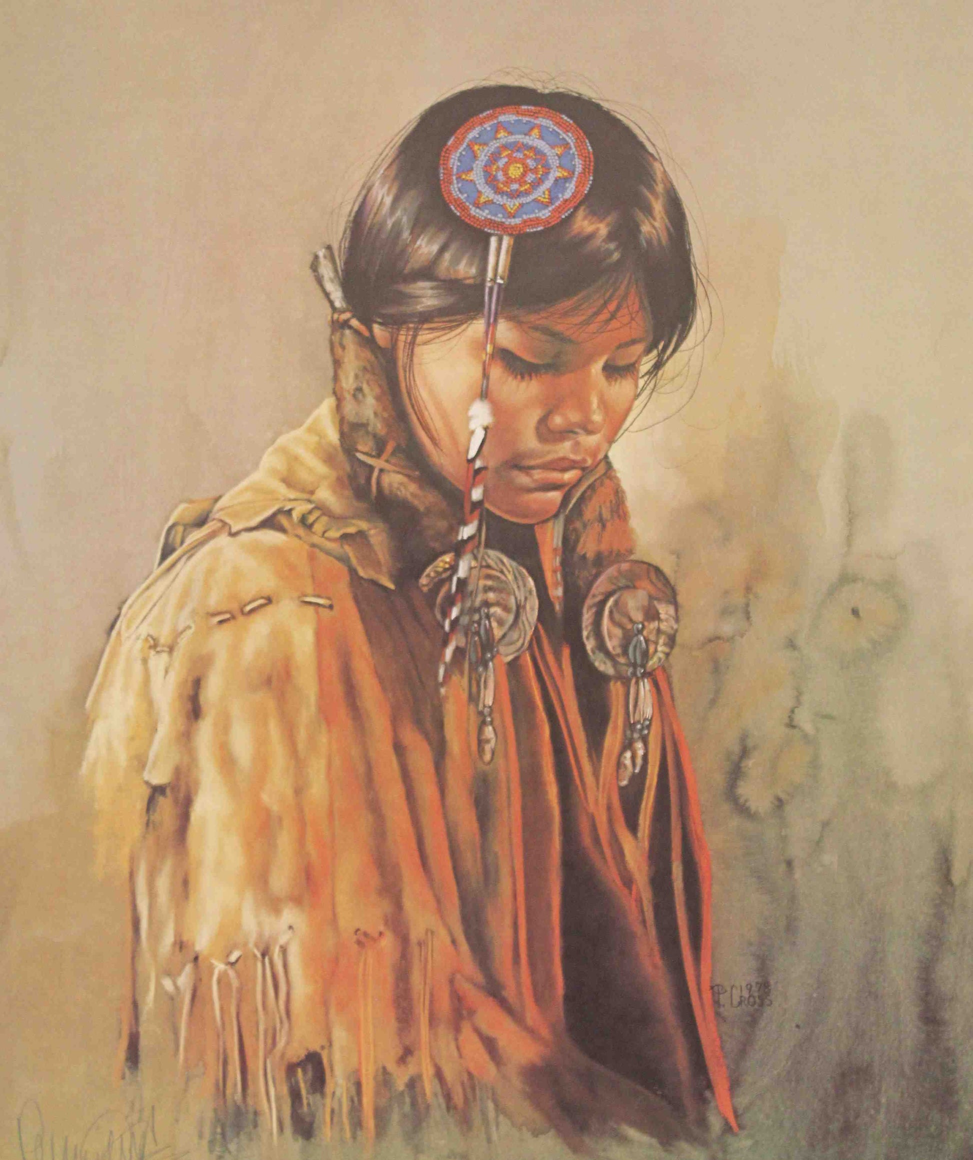 Penni Anne Cross print "The Blessing" showing a Native American woman in traditional dress offering a spiritual prayer or blessing beneath an open sky.