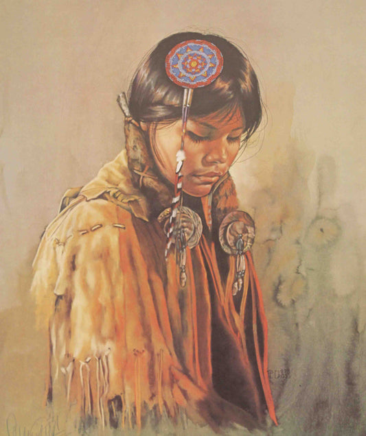 Penni Anne Cross print "The Blessing" showing a Native American woman in traditional dress offering a spiritual prayer or blessing beneath an open sky.