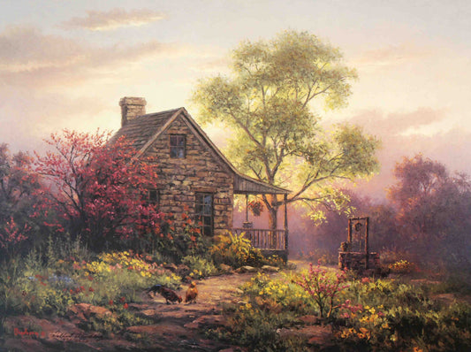 Dalhart Windberg print "The Blush of a Country Morning" depicting a rural sunrise with soft light over farm buildings and fields.