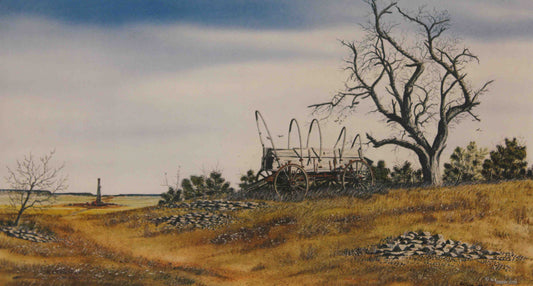 Al Richardson print “The Changing Scene” showing an old wooden farm wagon in the foreground with an oil derrick in the background, symbolizing the shift from rural farming to oilfield development.