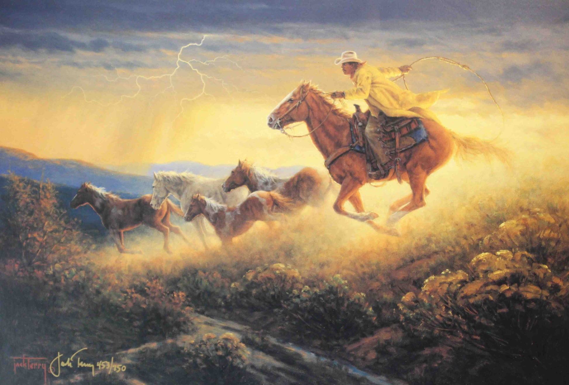 Jack Terry print "The Chase" showing cowboys on horseback racing across a dusty Western landscape in pursuit.
