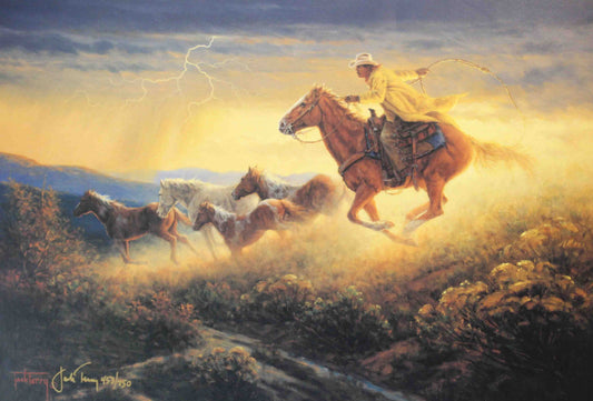 Jack Terry print "The Chase" showing cowboys on horseback racing across a dusty Western landscape in pursuit.