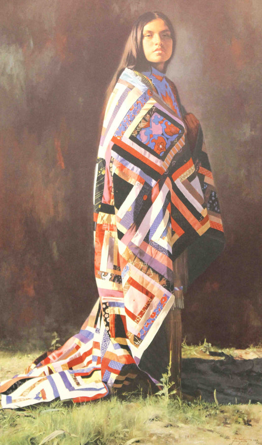 Donald Crowley print "The Heirloom" featuring a Native American woman holding a family heirloom quilt.