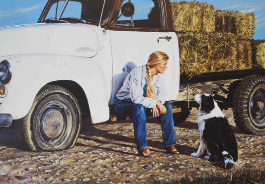 Ann Hanson print "Last Straw" showing a cowgirl sitting beside her broken-down truck, reflecting a moment of frustration and resilience.