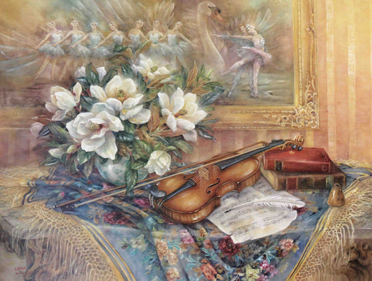 Lena Liu print Music Room IV – Swan Melody – fine art musical painting by Lena Liu featuring swans and instruments.
